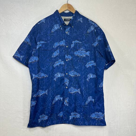 CHAPS Royal Navy Blue Large Buttoned Men's Casual Shirt Bass Fish Print Outdoors - Picture 1 of 8
